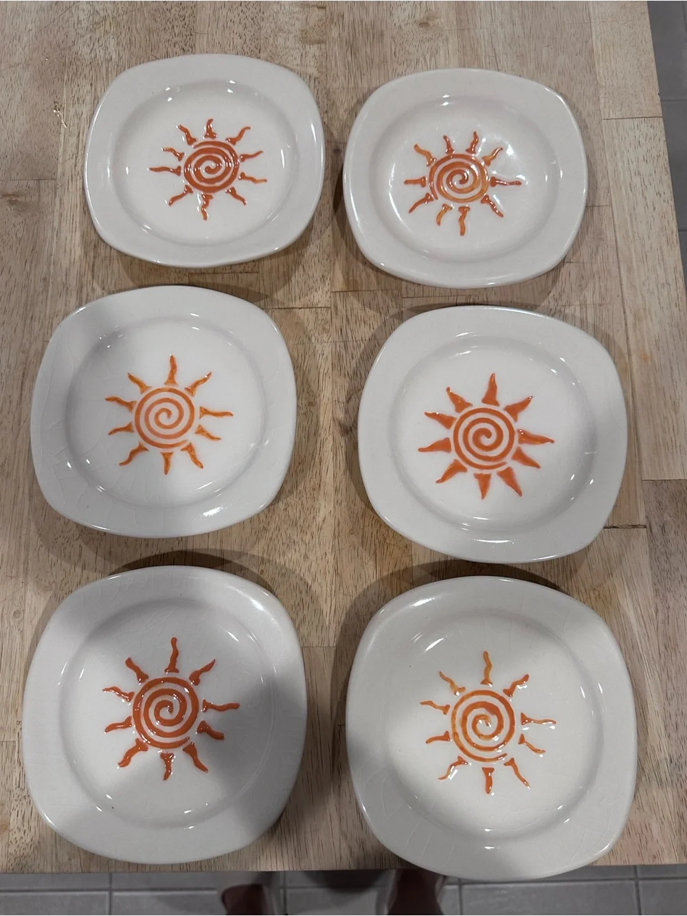 White Ceramic Dessert Plates with Orange Sun Design - Set of 6